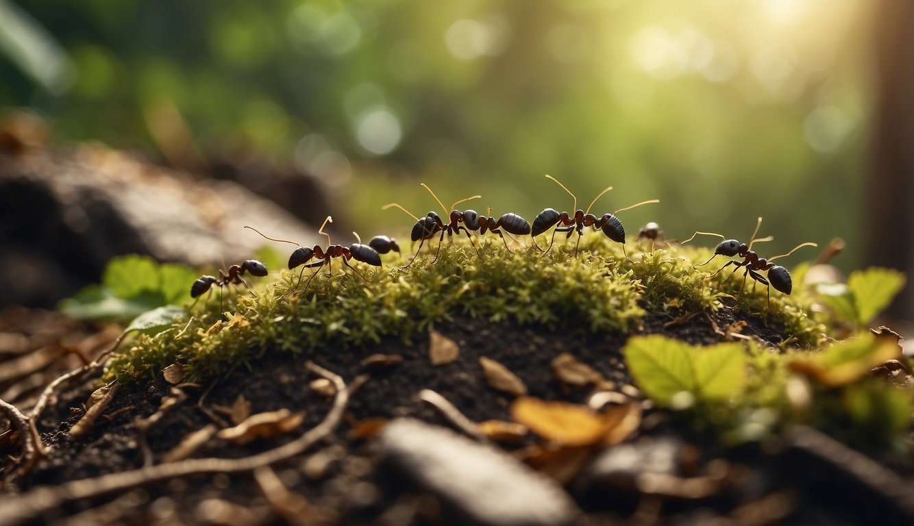A close-up image of ants on a mossy surface, illuminated by natural sunlight filtering through the trees.