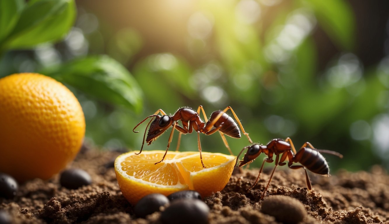 Two ants interacting with a sliced open orange, surrounded by soil and small rocks, with greenery and sunlight in the background.