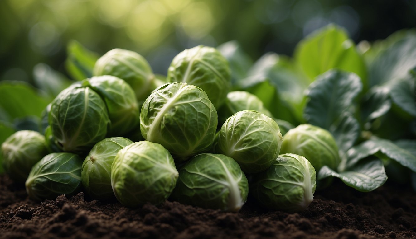 A close-up image of fresh, green Brussels sprouts growing in rich, brown soil, surrounded by their lush leaves and illuminated by soft sunlight.