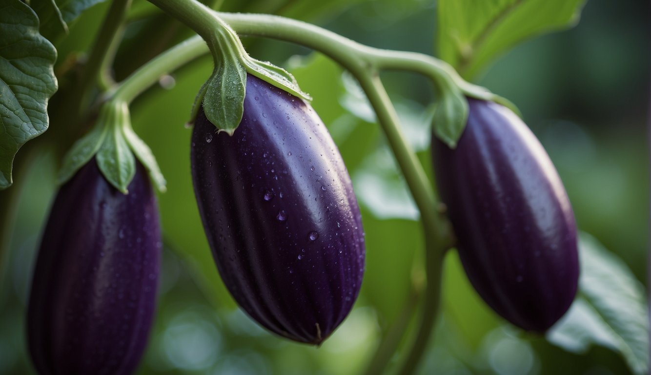 A close-up image of three dark purple eggplants hanging from a green stem, with water droplets on their surface, surrounded by green leaves.