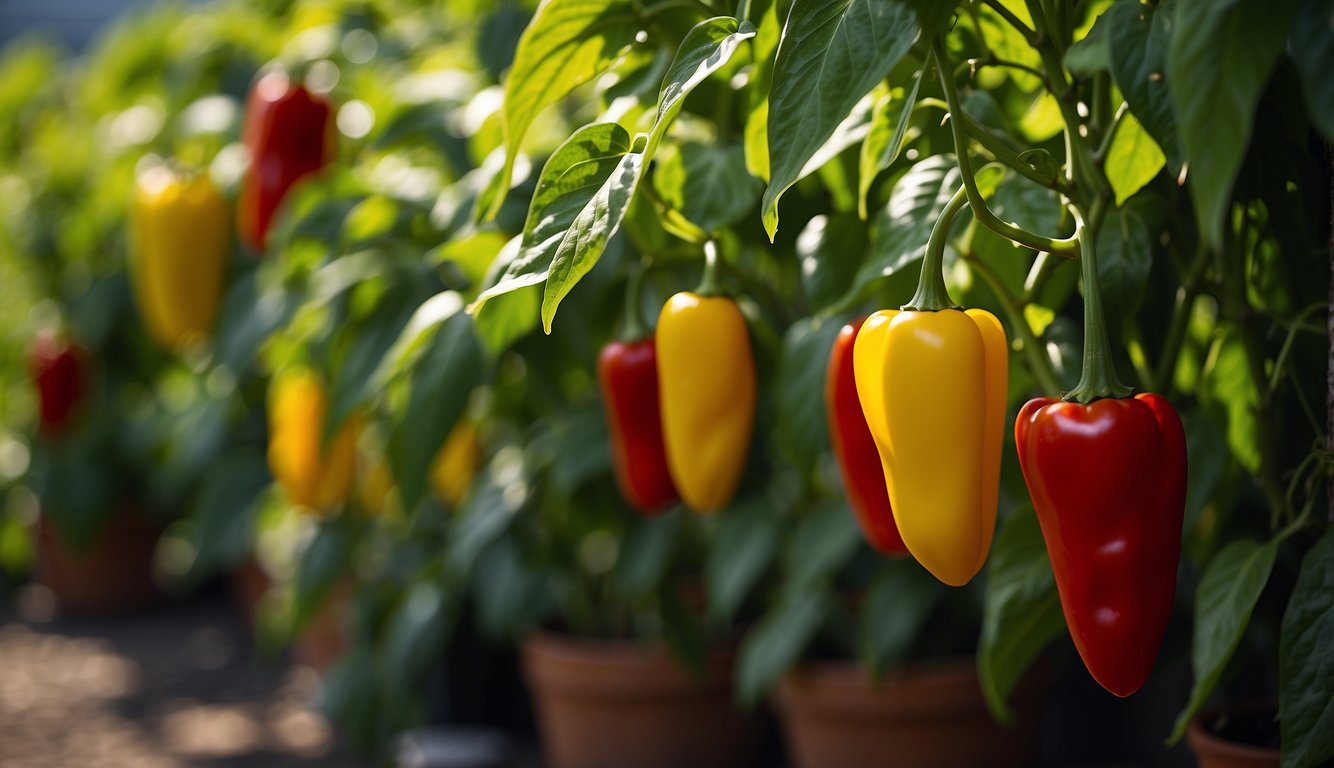 A vibrant display of red and yellow bell peppers growing on lush green plants, potted in brown containers, illuminated by natural light.