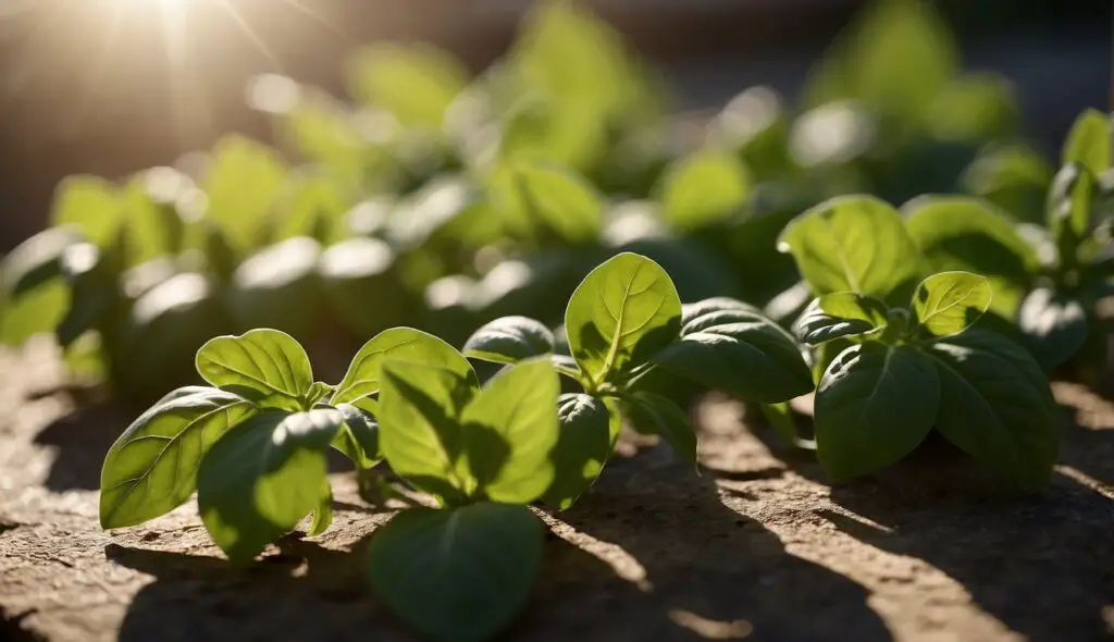 A serene image of vibrant green basil leaves illuminated by the golden rays of the sun, growing in soil.