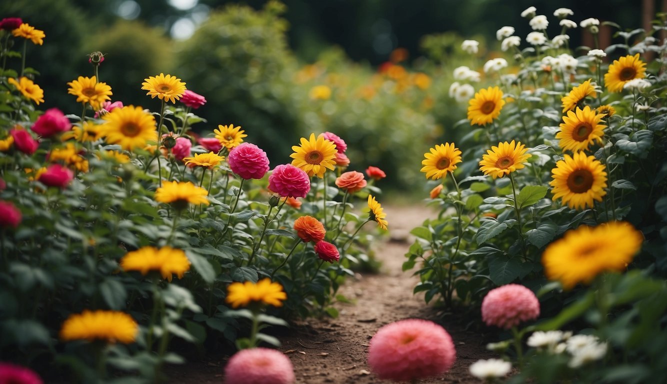 A vibrant garden path lined with an array of colorful flowers including bright yellow sunflowers, deep pink and light orange blossoms.