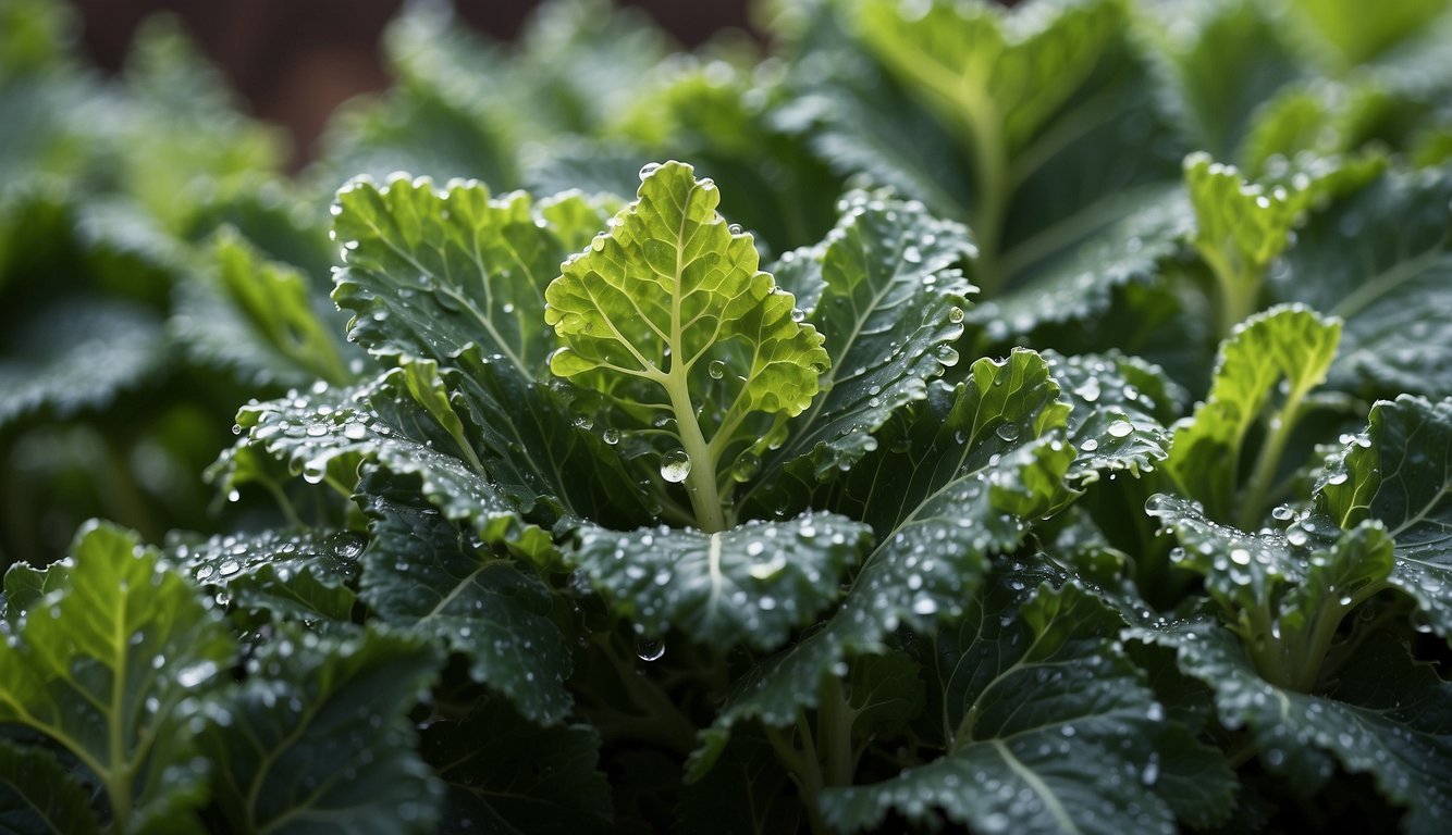A close-up view of fresh, green kale leaves covered in dew, highlighting their vibrant color and intricate texture.