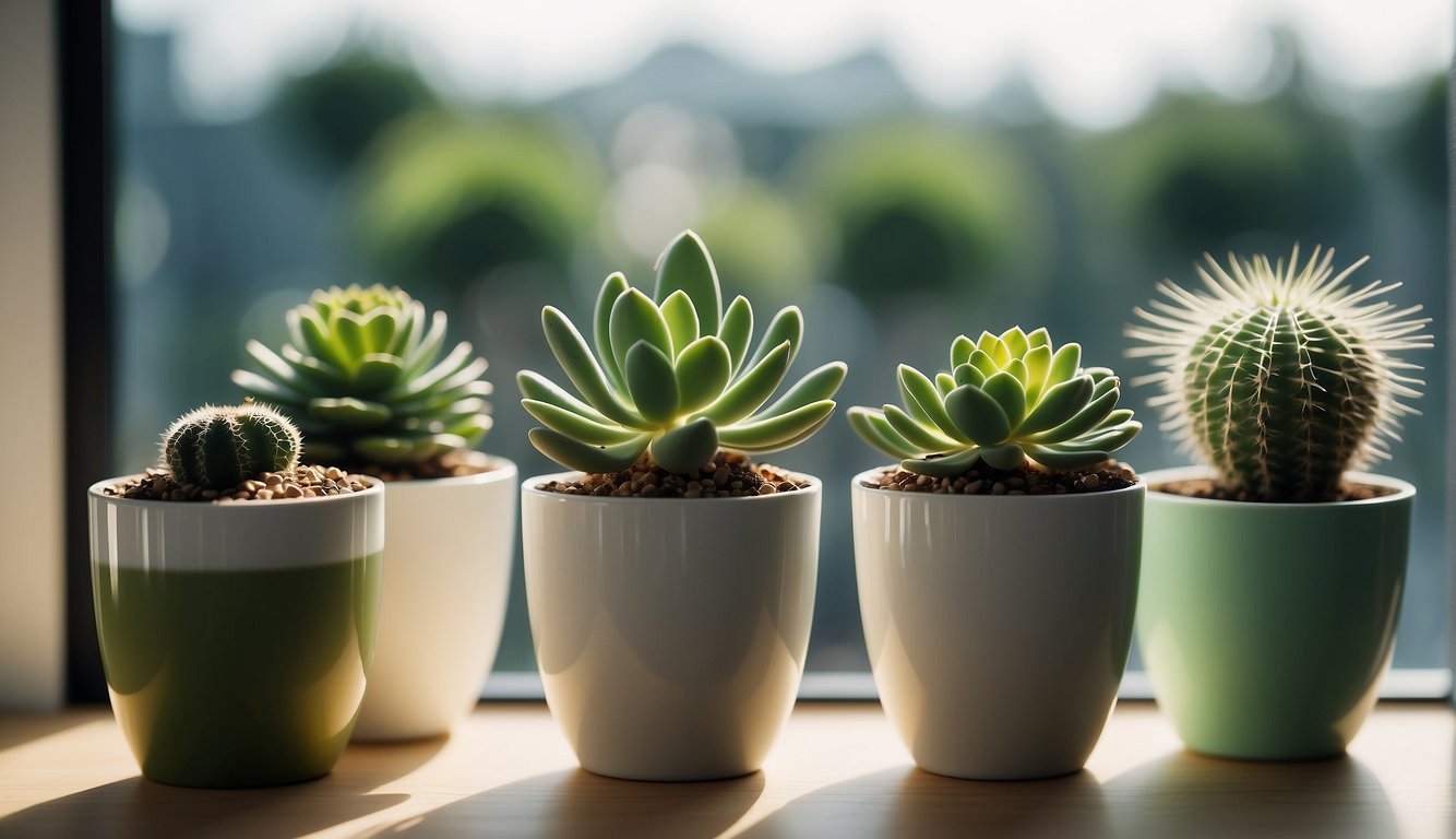 A serene image of five potted succulent plants, including cacti, placed on a windowsill, basking in the gentle sunlight.