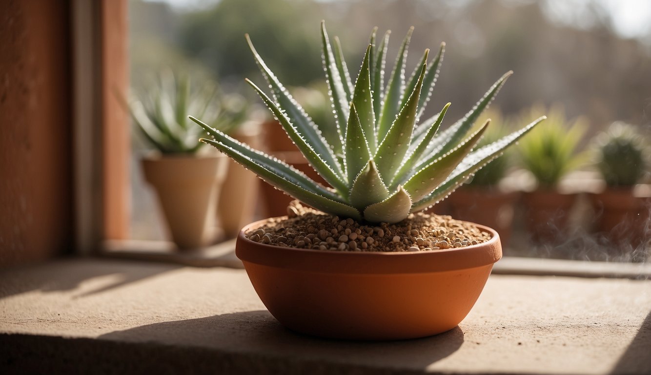 A healthy aloe vera plant with green spiky leaves sits in a terracotta bowl filled with pebbly soil, bathed in sunlight by a window.