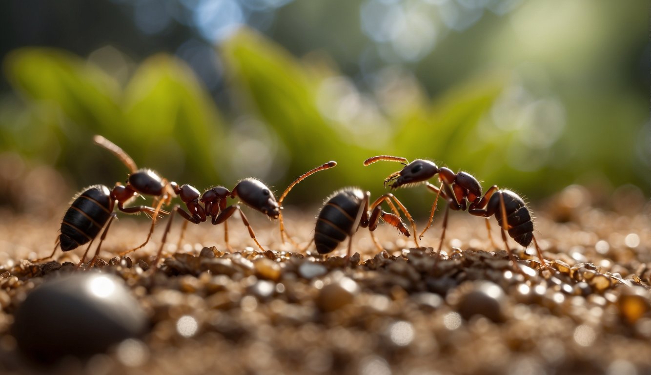 A close-up image of ants on the ground, illuminated by natural light, showcasing their detailed features and the surrounding environment.