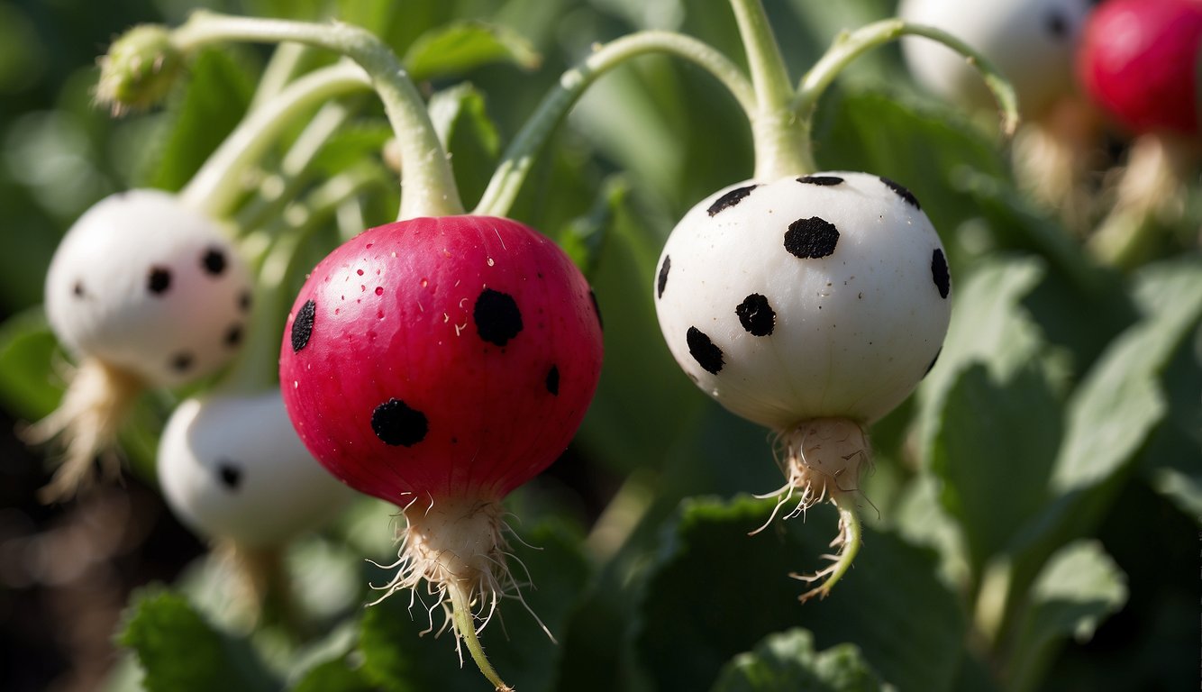 A close-up image of radishes with unusual black spots on their surface, hanging from green stems amidst foliage.