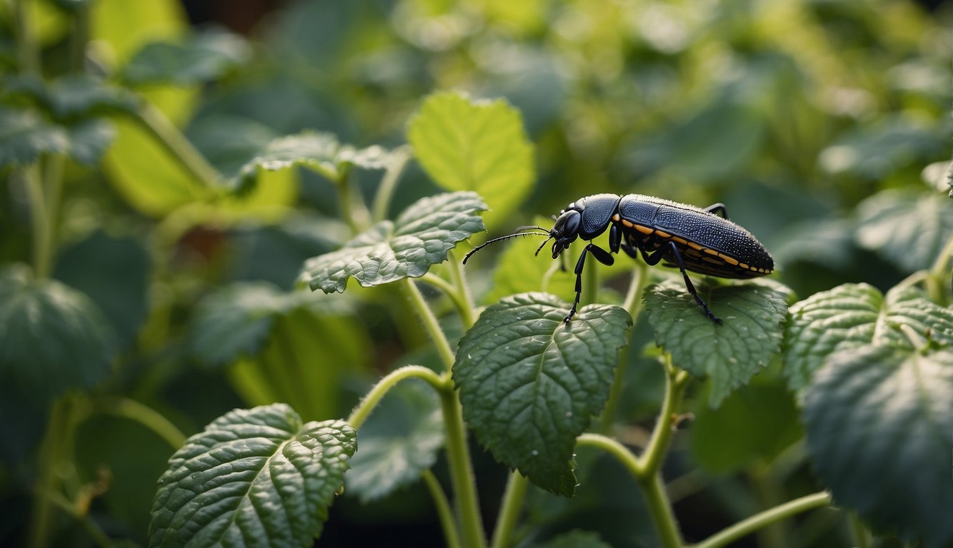 A large dark-colored bug with a slender body and long antennae is perched on the green leaves of a cucumber plant, showcasing the damage caused by bugs eating the foliage.
