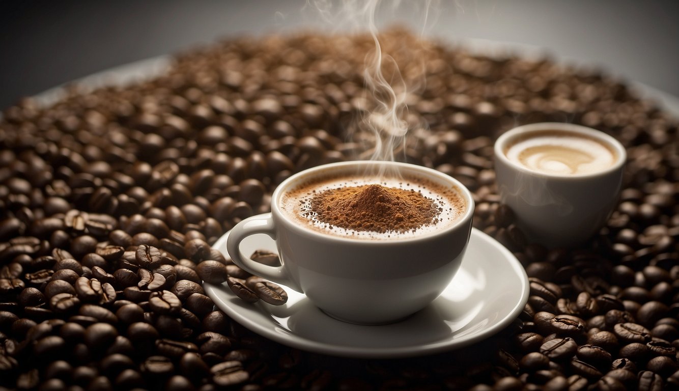 A close-up image showcasing a cup of coffee with steam rising, garnished with ground coffee on top, placed on a saucer surrounded by roasted coffee beans, with another cup in the background.