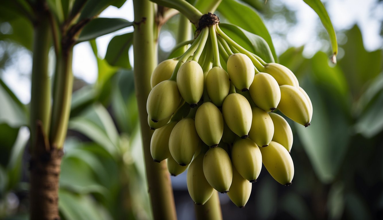 A serene image of a cluster of ripe bananas hanging from a banana tree, surrounded by lush green leaves.