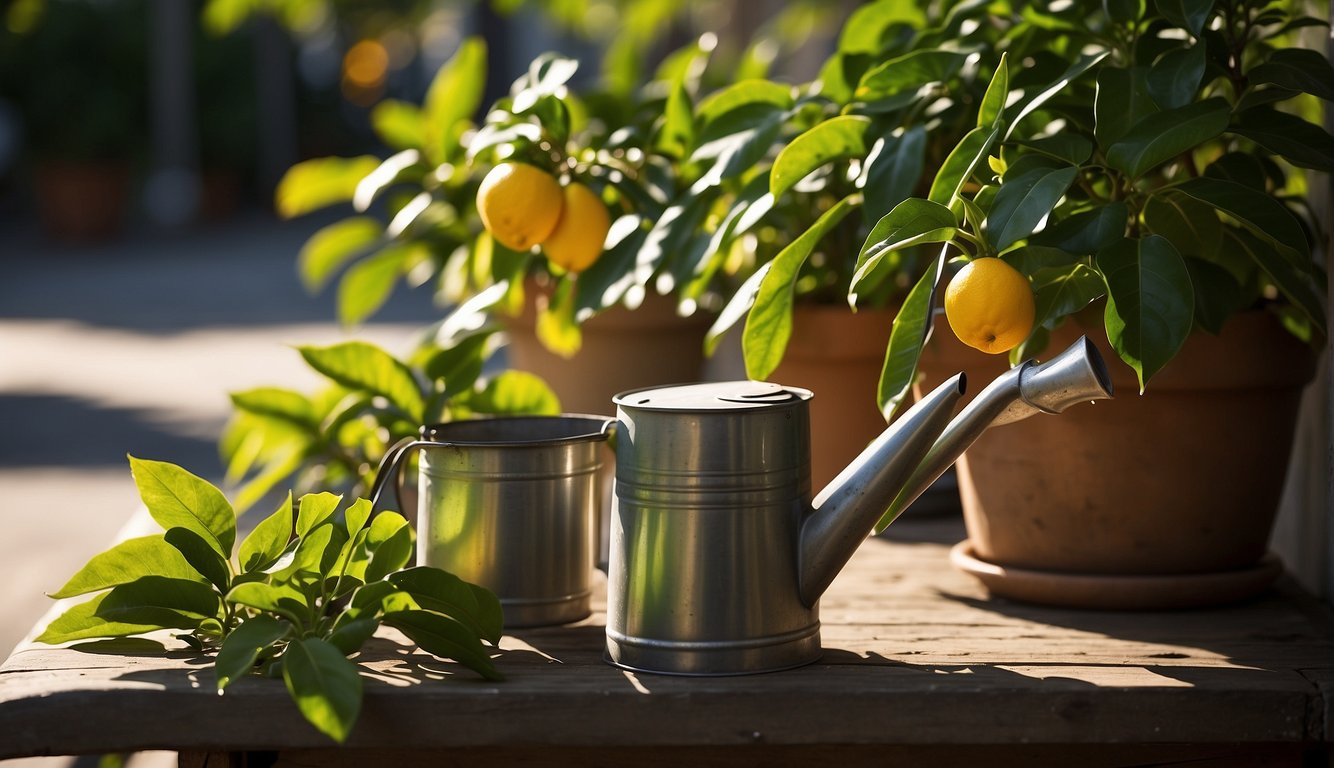 A serene image of a Meyer lemon tree with ripe yellow lemons, accompanied by a small watering can and another green plant, basking in the warm sunlight.