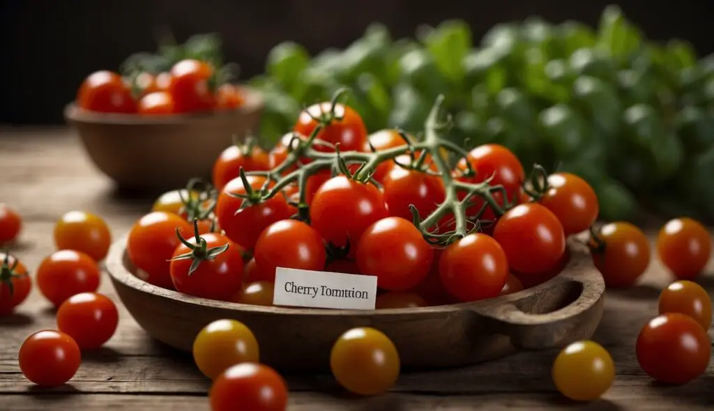 A serene image of a cluster of ripe cherry tomatoes in a wooden bowl, surrounded by lush green leaves.