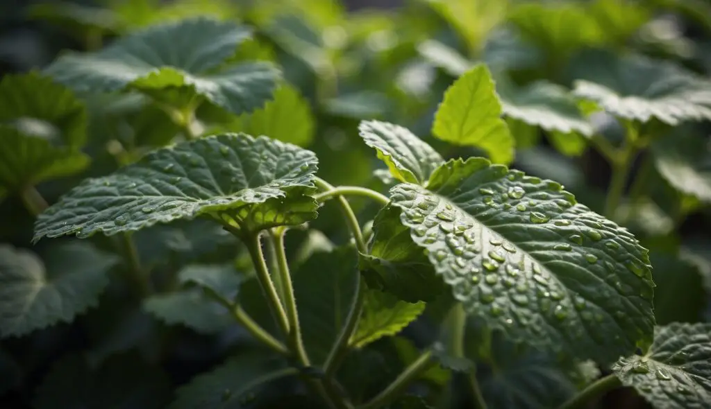 A close-up view of fresh, green cucumber plant leaves glistening with dew drops in natural light.