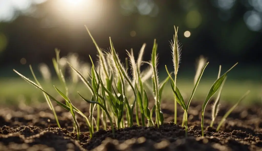 A close-up view of young plants emerging from the soil, illuminated by the golden rays of the setting sun.