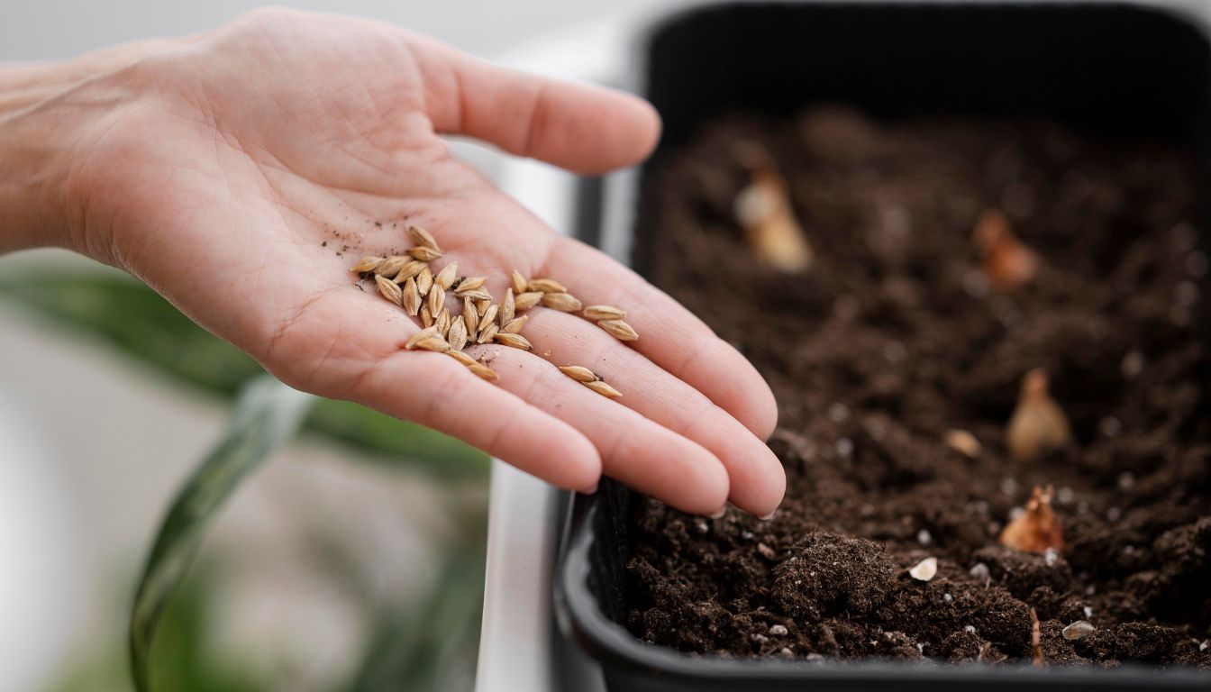 A hand holds small elongated seeds above soil-filled containers with bulbs partially visible, ready for planting.