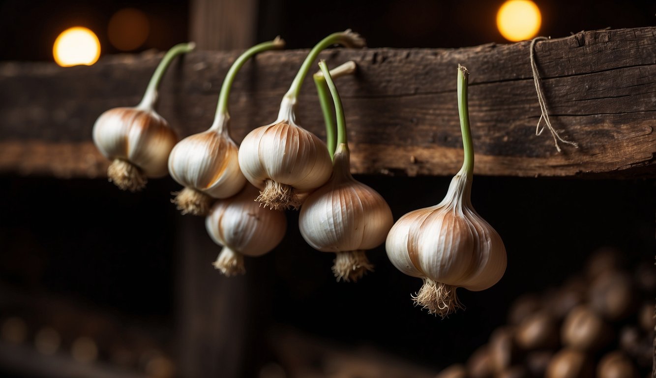 A rustic image showcasing garlic bulbs hanging from a wooden shelf, illuminated by soft lighting.