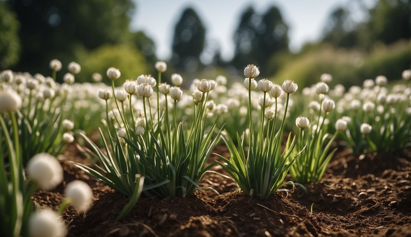 A lush garlic garden with numerous white blossoms emerging from vibrant green stalks, bathed in soft sunlight.