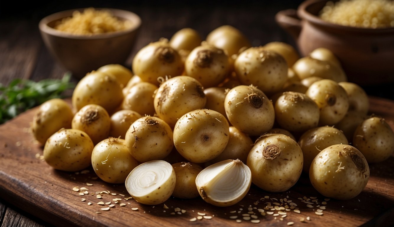 A close-up image of fresh, golden potatoes with a halved garlic bulb, sprinkled sesame seeds on a wooden surface, and bowls of ingredients in the background.