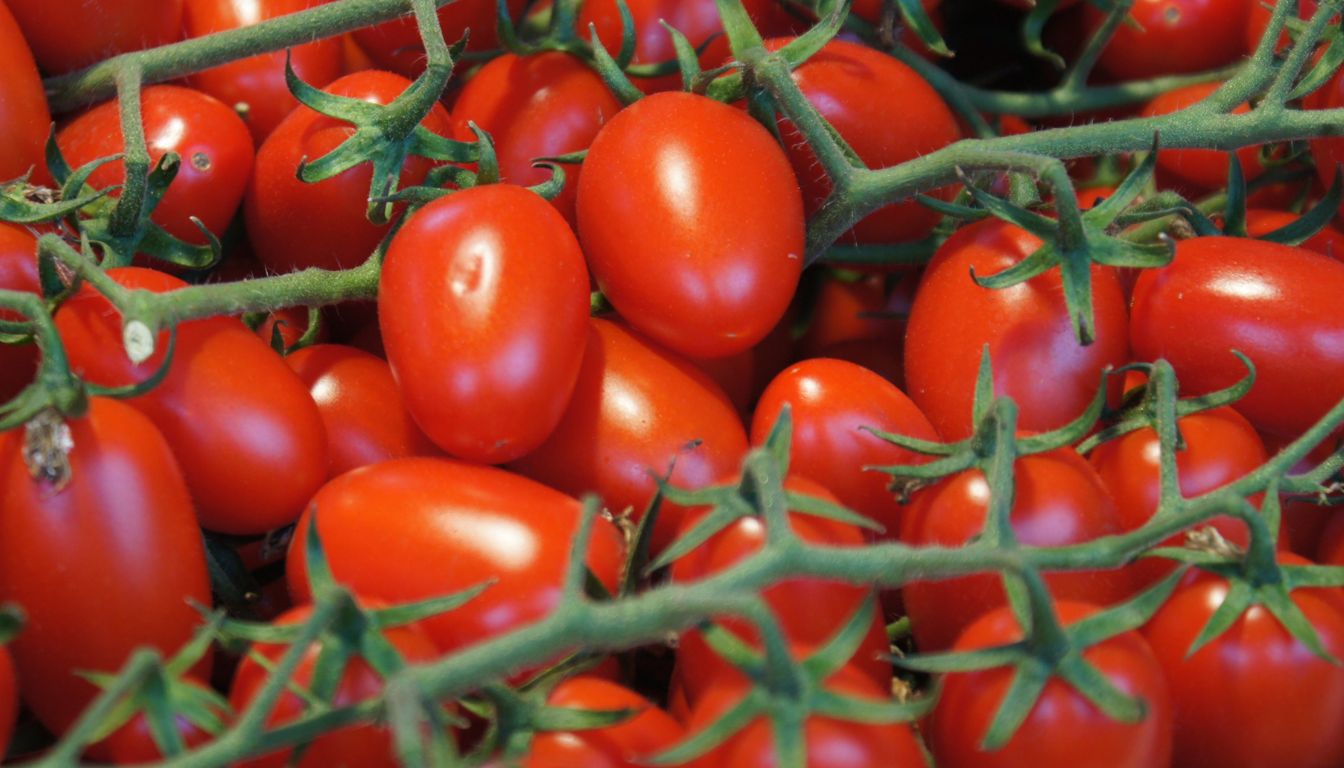 A close-up view of a cluster of ripe, red grape tomatoes still attached to their green stems.