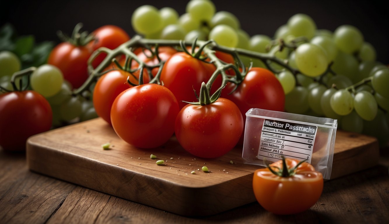 Grape tomatoes on a vine, green grapes, and a nutrition label, all arranged on a wooden surface.