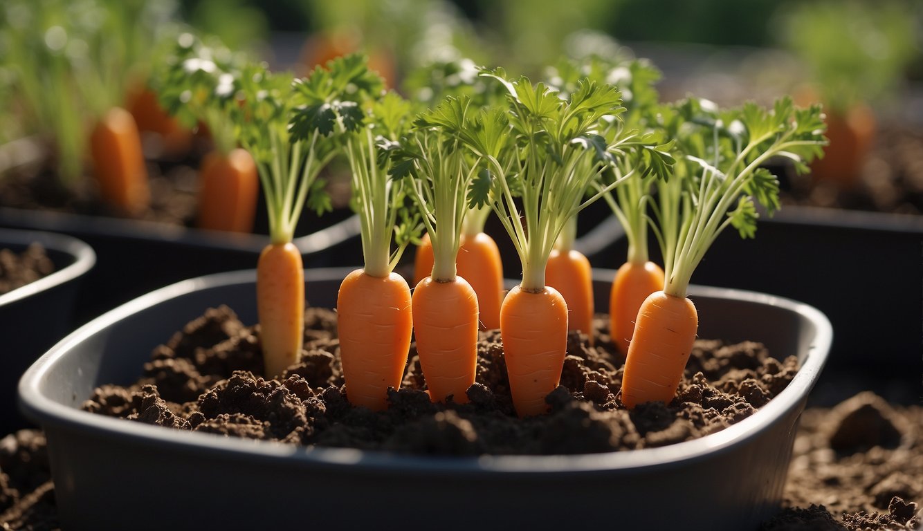 A close-up image of vibrant, orange carrots with lush green tops growing neatly in dark brown soil, housed in round and rectangular containers.
