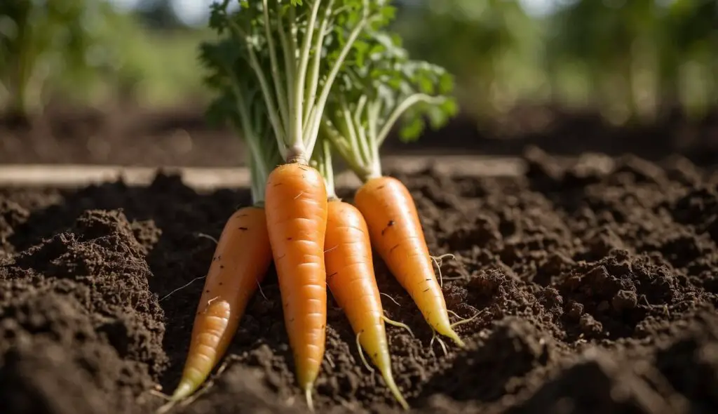 A close-up image of four freshly pulled carrots with green tops, still attached, emerging from the rich, dark soil in a garden.