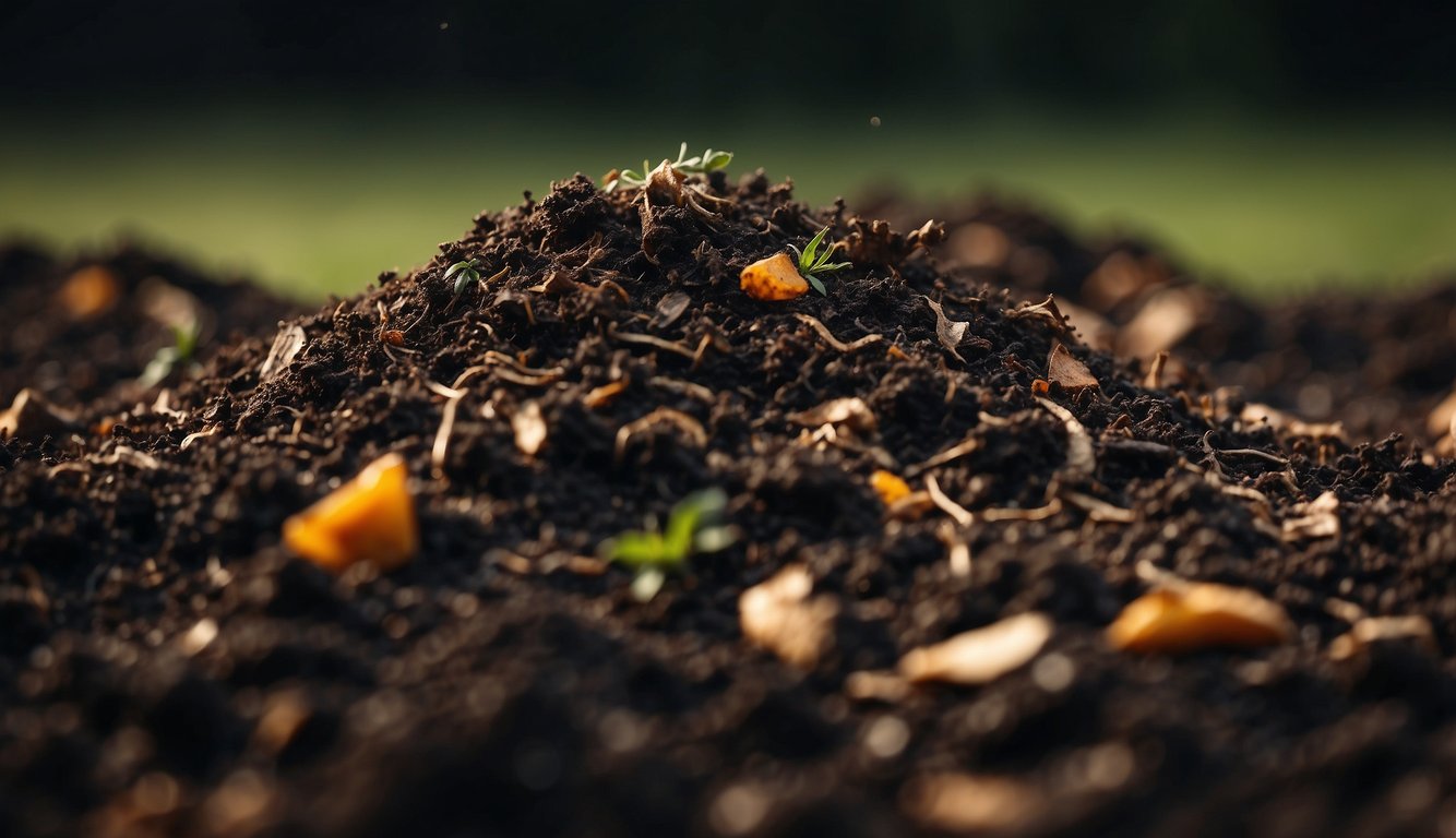 A close-up view of a compost pile with emerging sprouts, decomposing organic materials, and rich soil, illuminated by natural light.