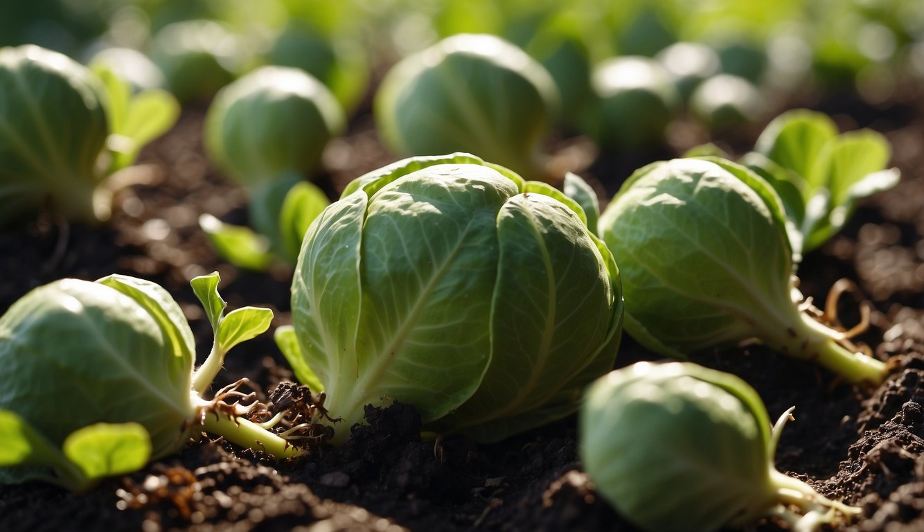 A close-up view of young, green Brussels sprouts growing in rich, dark soil, illuminated by natural light.