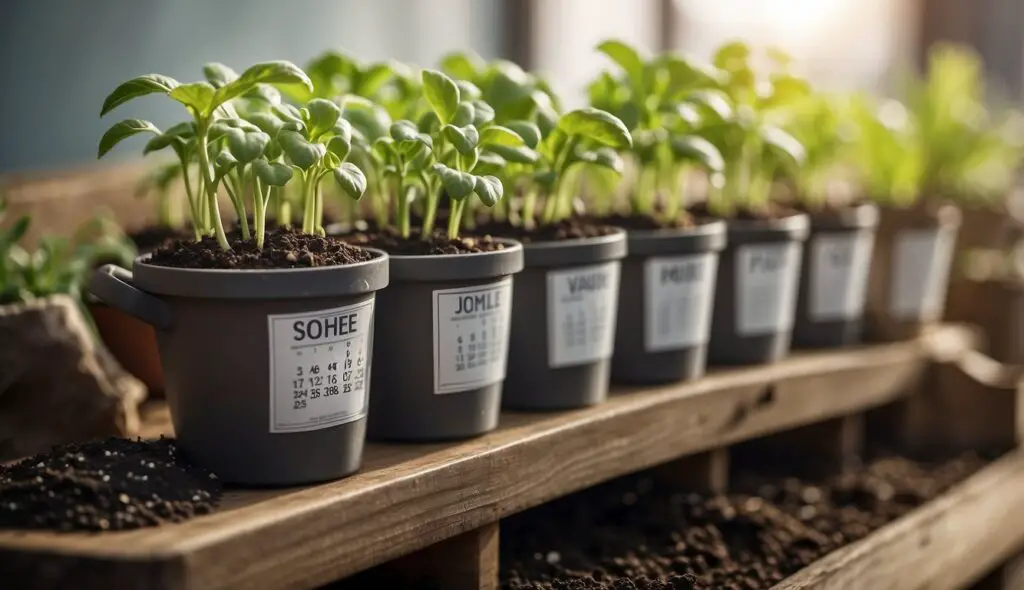 A row of young green seedlings growing in labeled pots, placed on a wooden surface with soil scattered around, illuminated by natural light.