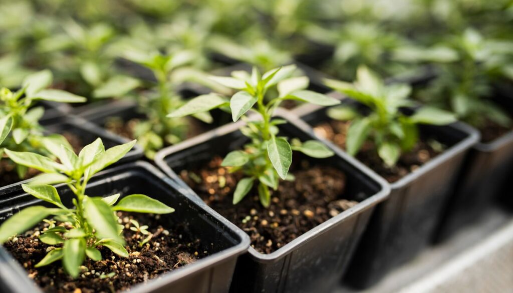 Young green seedlings growing in black plastic pots filled with soil, arranged in a grid pattern under healthy conditions.