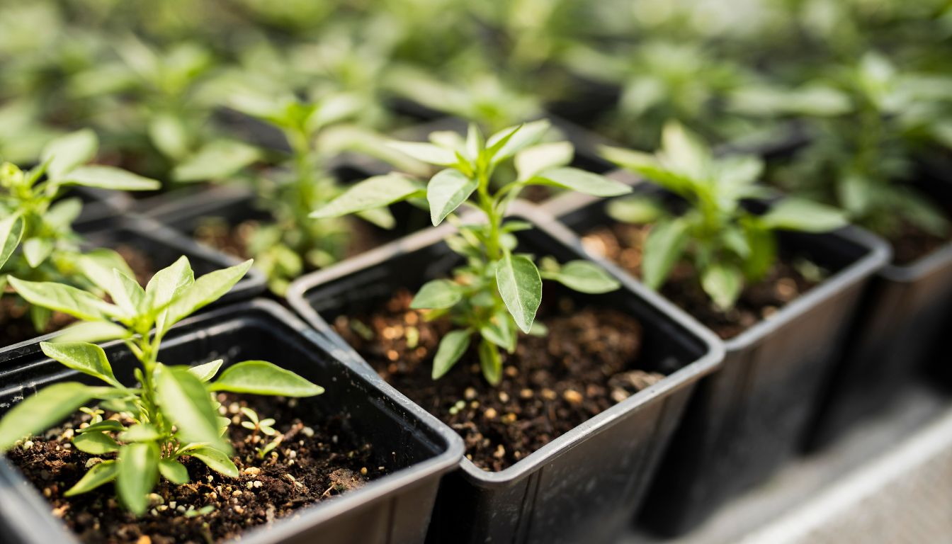 Young green seedlings growing in black plastic pots filled with soil, arranged in a grid pattern under healthy conditions.