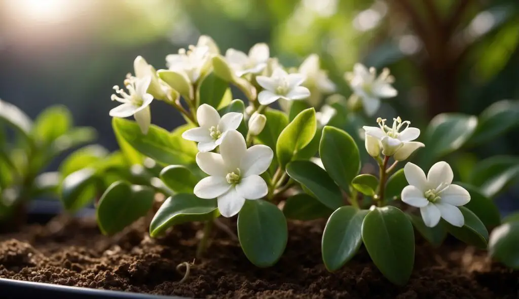 A Hoya plant with lush green leaves and delicate white blossoms, bathed in soft sunlight.