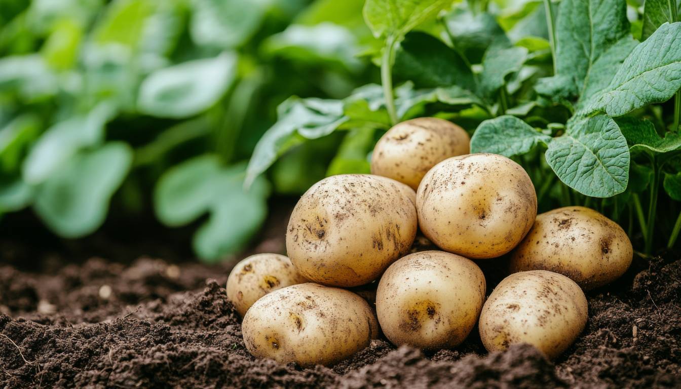 A pile of freshly harvested potatoes resting on dark soil with green potato plants in the background.