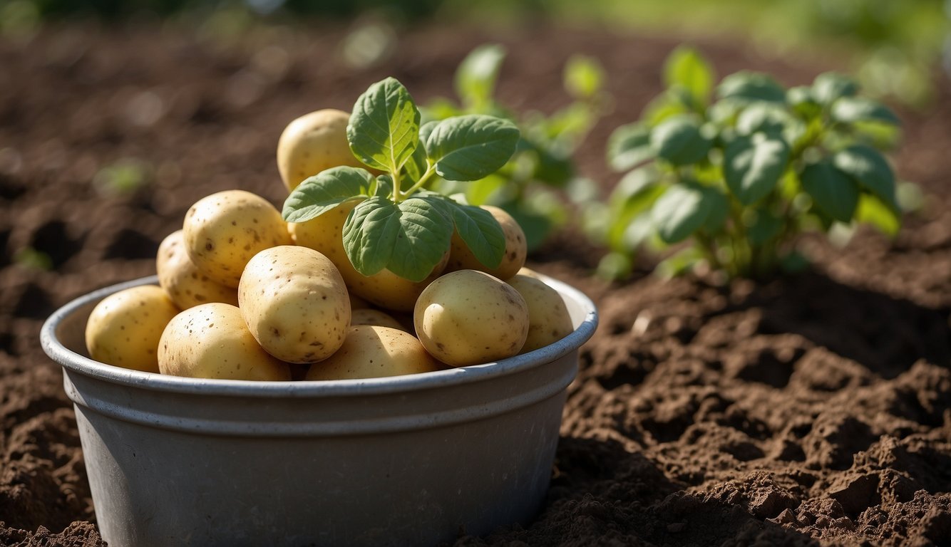 A bucket full of freshly harvested potatoes sits on the soil, with young potato plants growing nearby, illustrating a method of growing potatoes in a confined space.