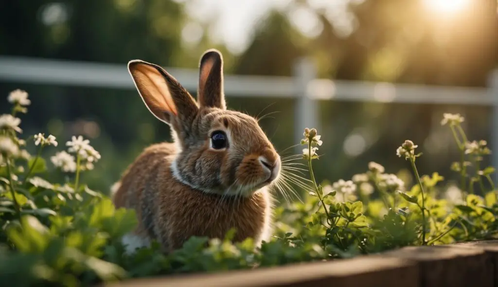 A rabbit amidst green plants, illuminated by the soft glow of the setting sun.