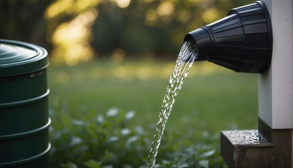 A black downspout diverter is channeling rainwater into a green rain barrel, set against a backdrop of lush greenery illuminated by soft sunlight.