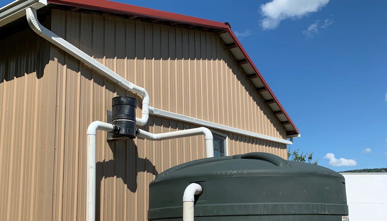 A rainwater harvesting system with gutters, a filtration unit, and a large storage tank, showcasing an efficient method for water conservation.