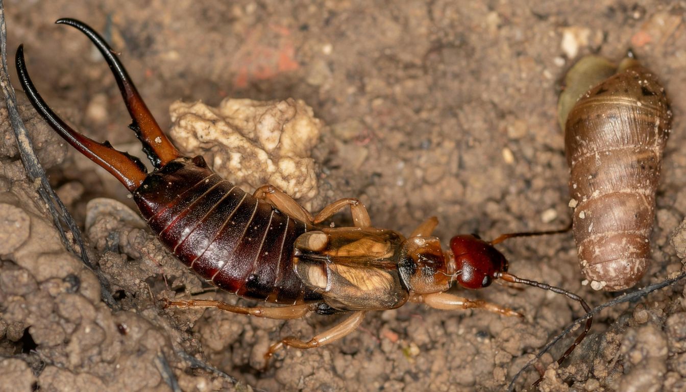 Close-up of an earwig with forceps-like pincers crawling on soil beside a brown snail shell.