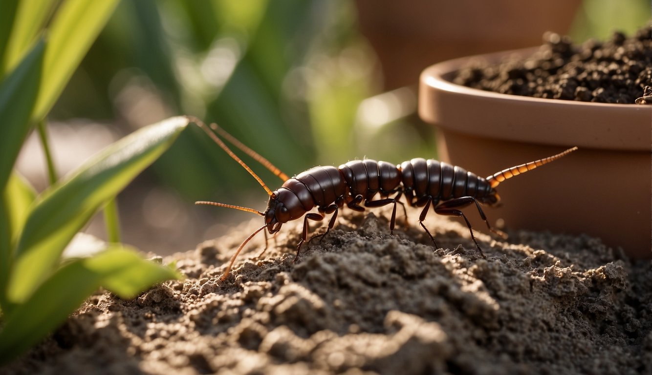 An earwig is captured in close-up, navigating through soil near green plants and a pot filled with soil, illuminated by soft sunlight.