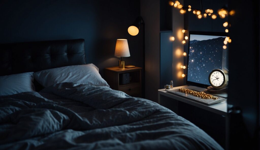 A dimly lit bedroom with an unmade bed, a bedside table with a lamp, and a clock showing late night time, symbolizing insomnia and sleep disorders.