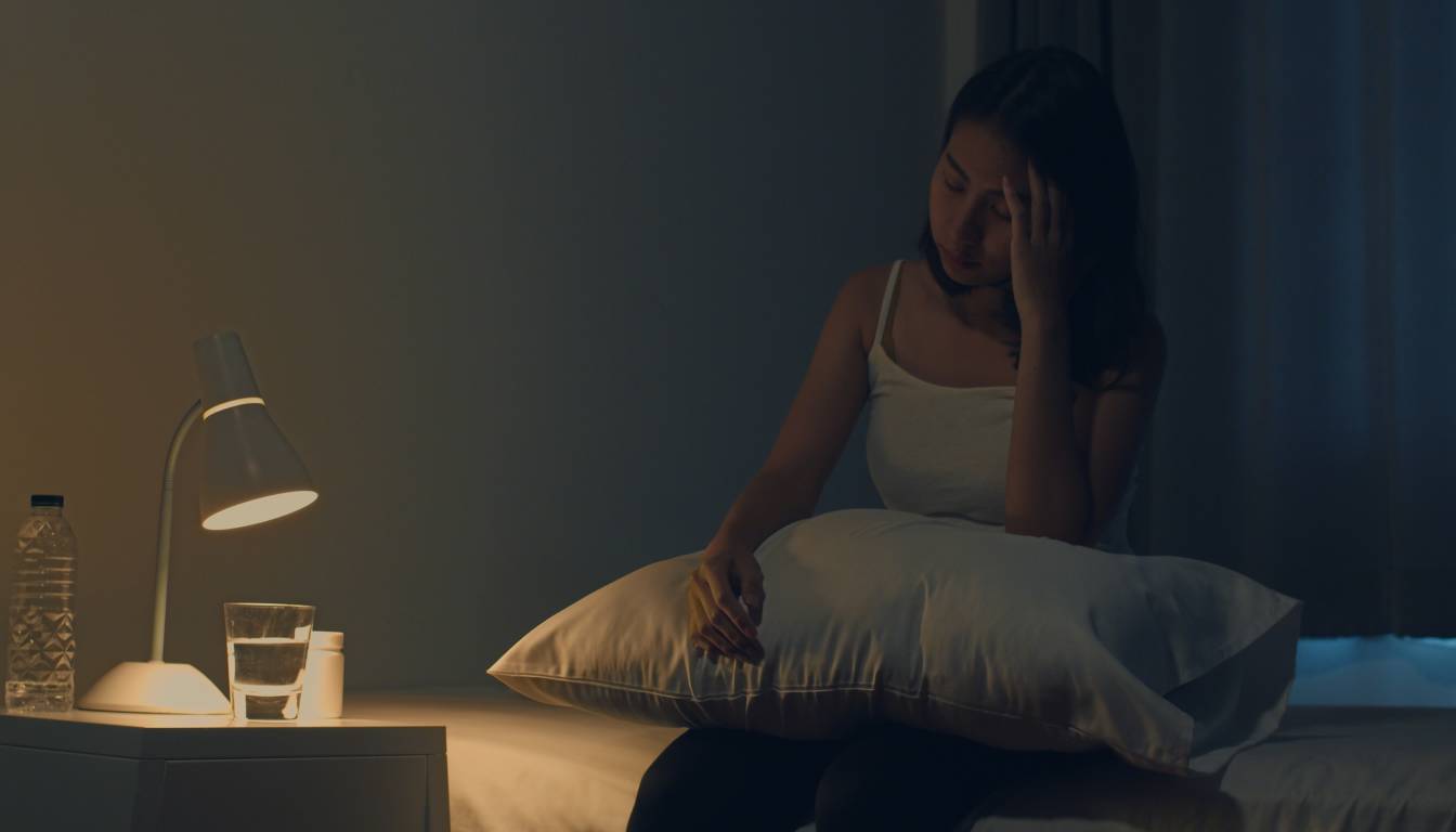 A person sitting on a bed at night, holding a pillow, with a bedside table lamp turned on. The table has a water bottle, a glass of water, and a small container.