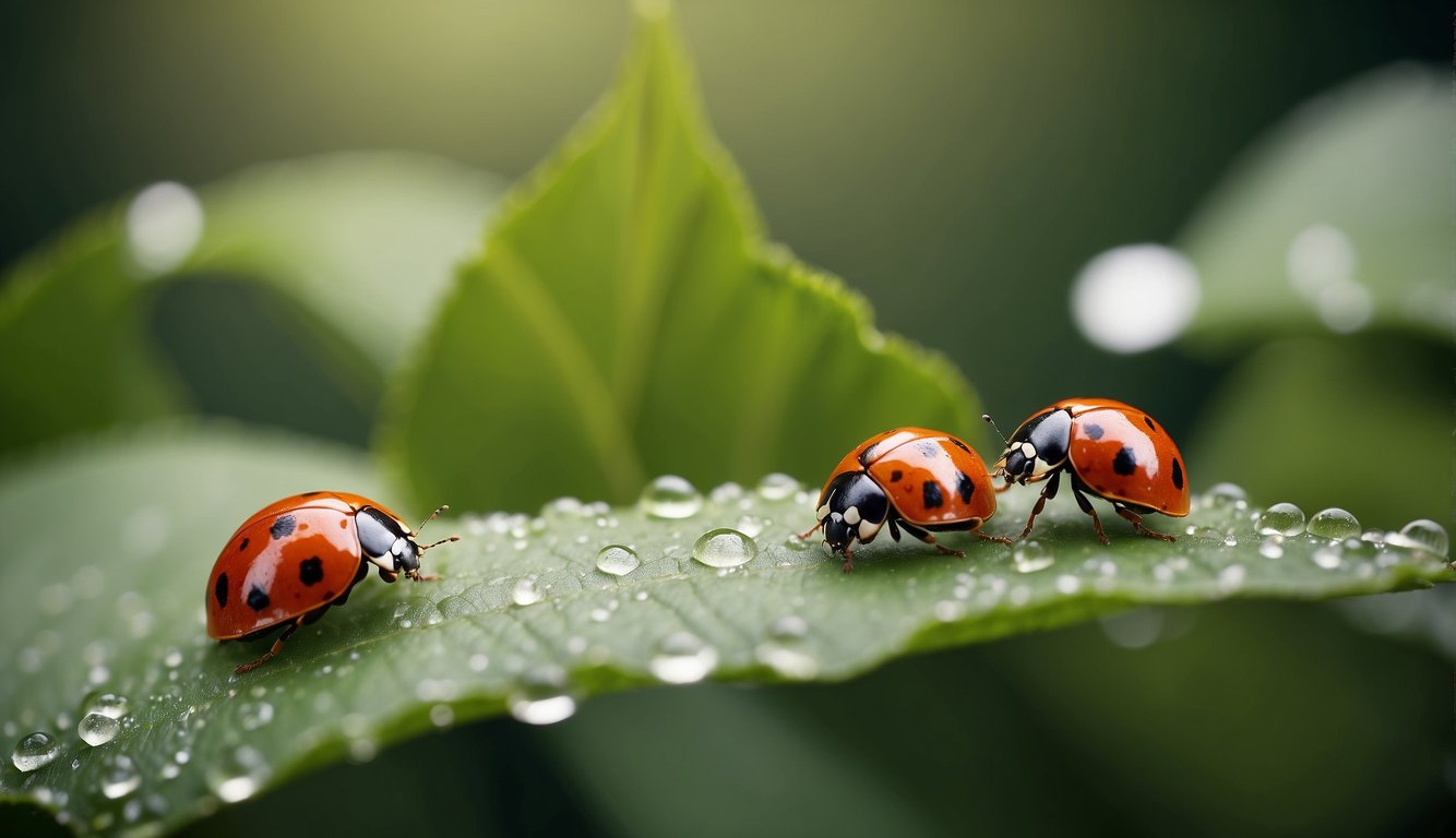 Three ladybugs on a dew-covered leaf, with one isolated and the other two interacting.