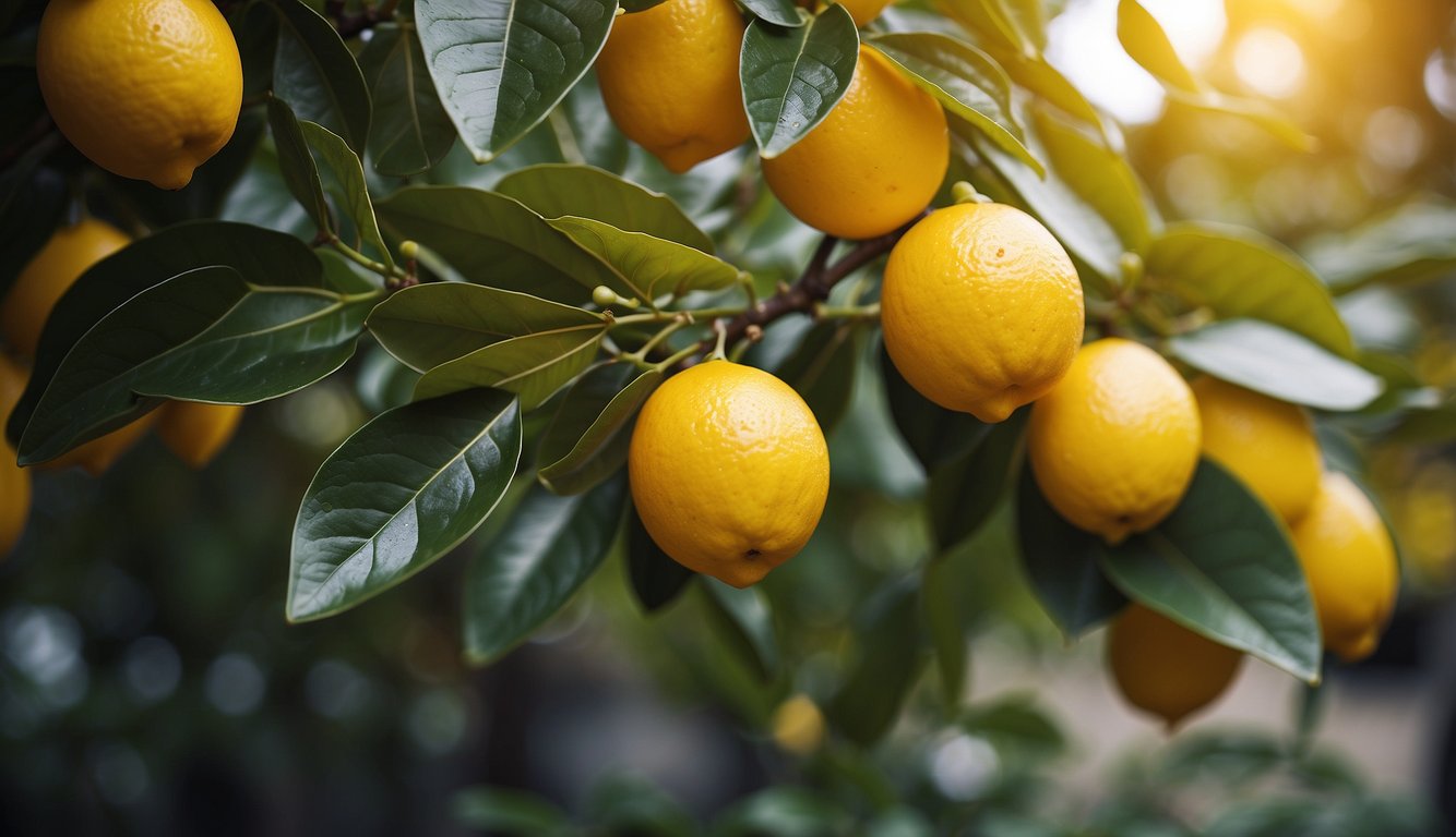 A close-up view of a Meyer lemon tree with vibrant yellow lemons hanging amidst lush green leaves, illuminated by soft sunlight.