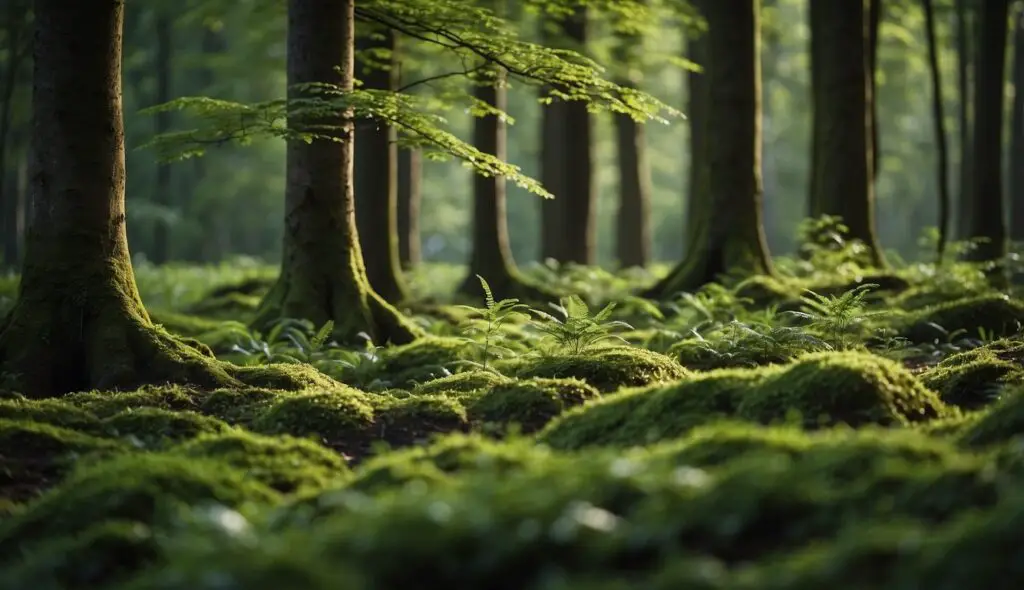 A serene forest scene highlighting the base of nitrogen-fixing trees surrounded by lush green moss and ferns, illuminated by soft sunlight filtering through the leaves.