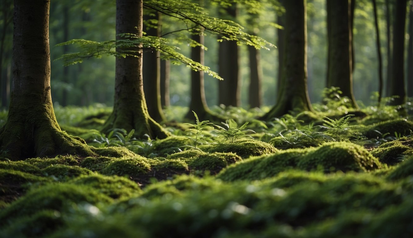 A serene forest scene highlighting the base of nitrogen-fixing trees surrounded by lush green moss and ferns, illuminated by soft sunlight filtering through the leaves.