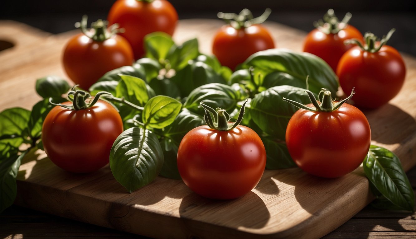 A sunlit image showcasing ripe, red tomatoes and fresh green basil leaves arranged aesthetically on a wooden cutting board.