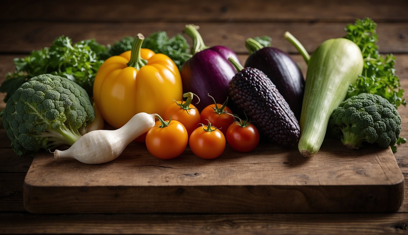 A variety of fresh vegetables including broccoli, yellow bell pepper, tomatoes, eggplants, zucchini, purple corn, and garlic on a wooden surface.