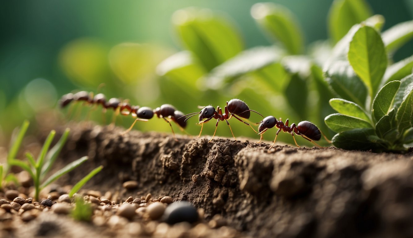 A line of ants walking on a natural surface surrounded by green leaves, depicting a scene in nature where organic ant repellent could be useful.