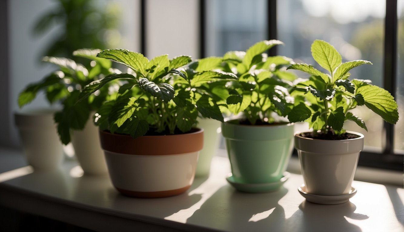 A serene image of three peppermint plants with lush green leaves, growing indoors in pastel-colored pots, placed on a windowsill with sunlight streaming in.